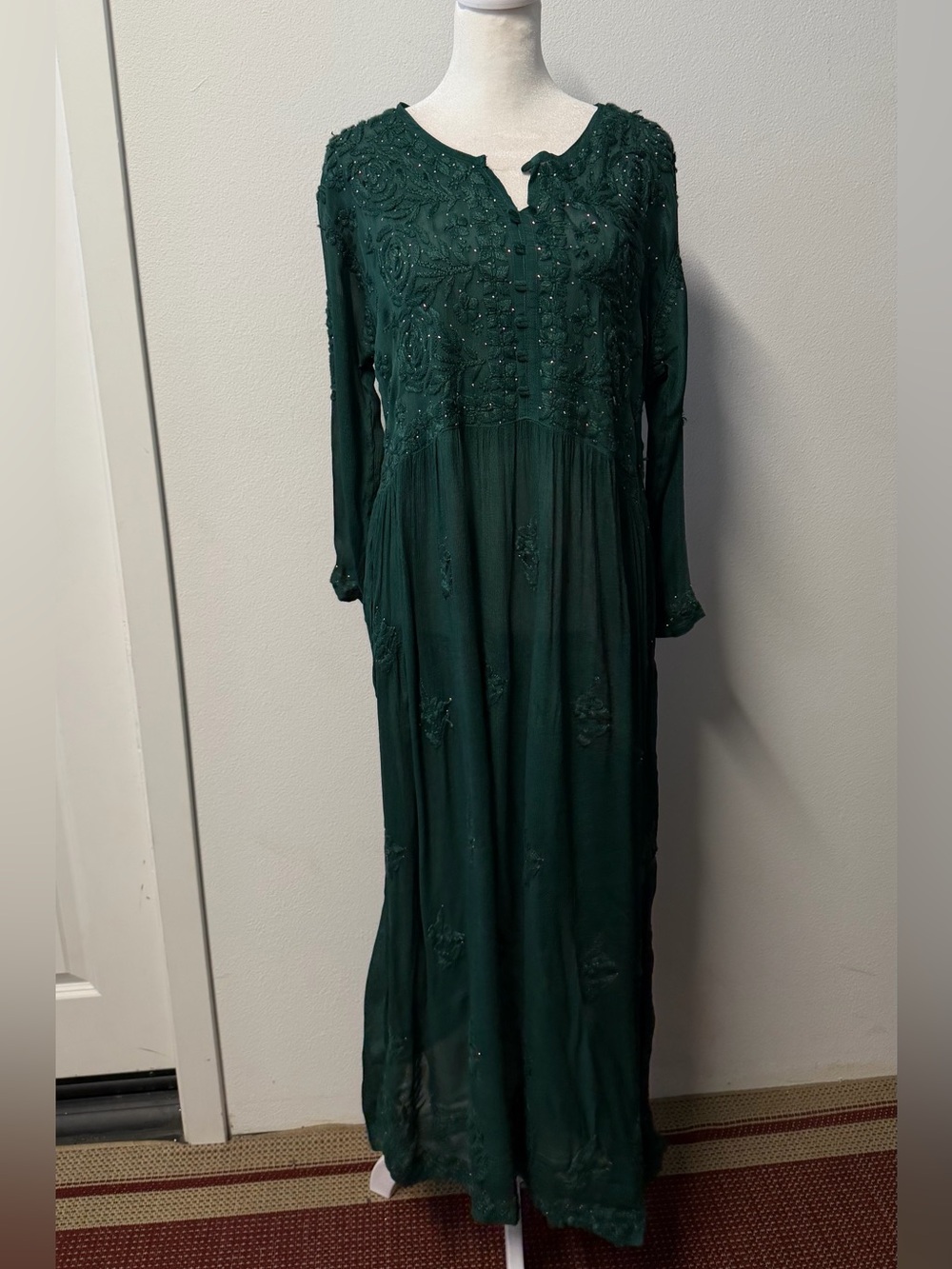 Noor Chikankari Emerald Green Embroidered Sheer Maxi Dress XL